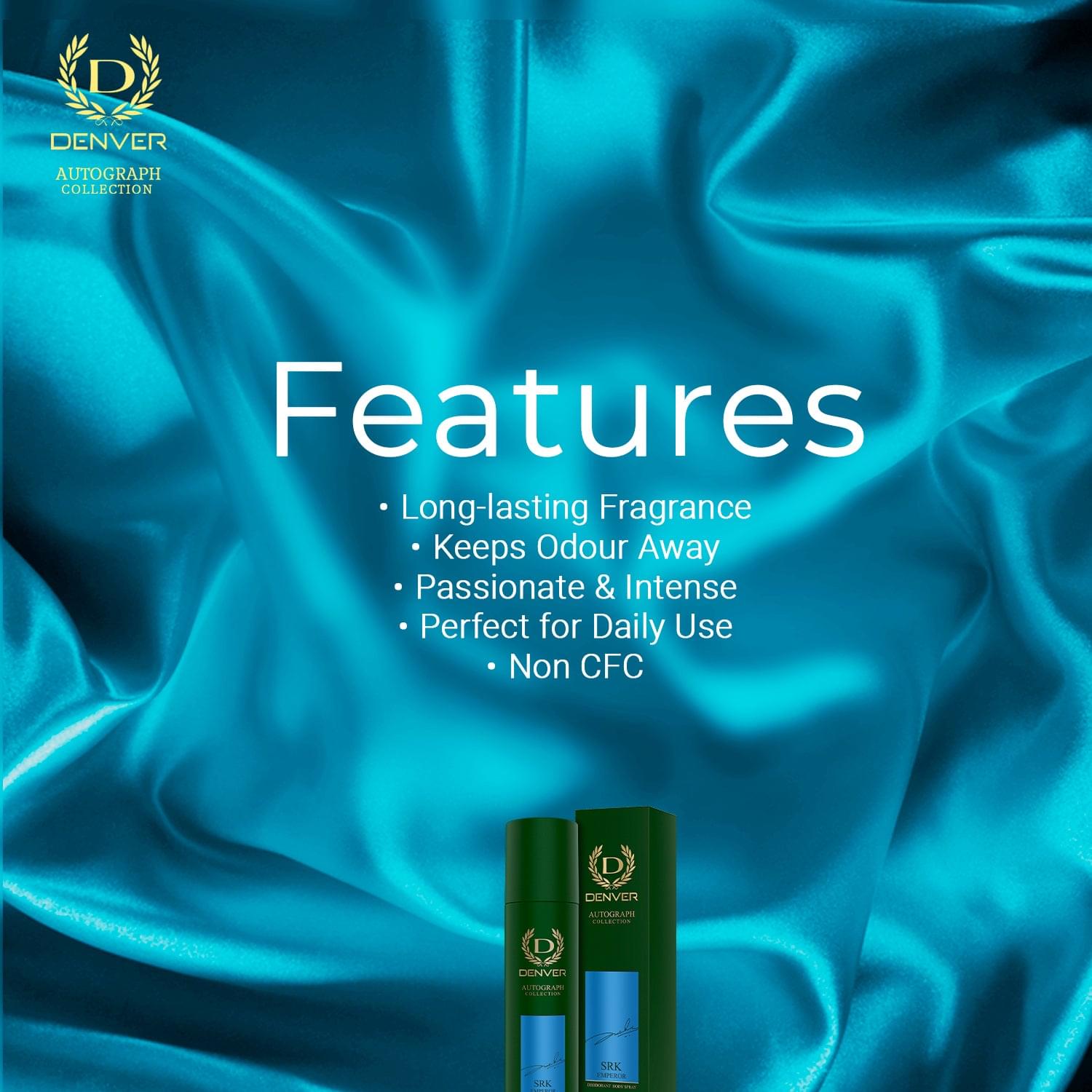Key Features include long-lasting Fragrance, keeps odour away, passionate & Intense, perfect for daily use & non-CFC