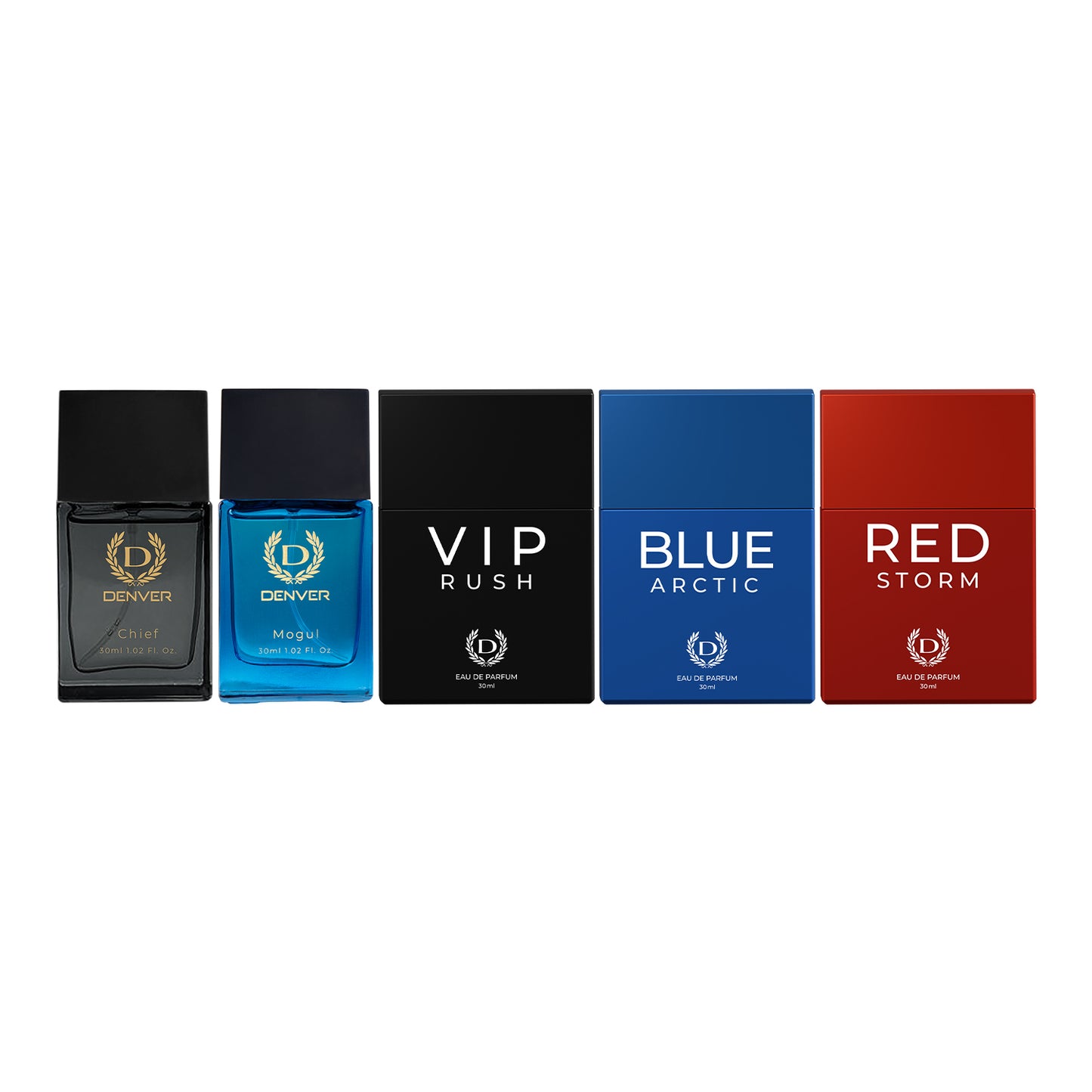 Pack of 5 Perfumes (VIP Rush + Red Storm + Mogul + Chief + Blue Arctic) - 30ml Each | DENVER