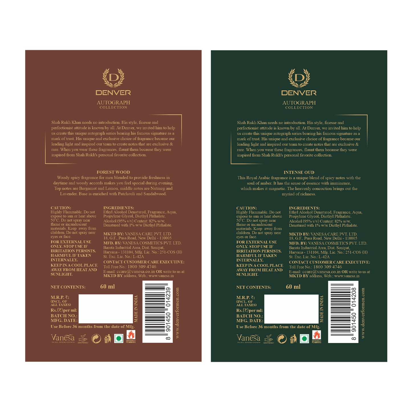 DENVER Pack of 2 SRK Autograph Perfume (Intense Oud + Forest Wood) - 60ml Each