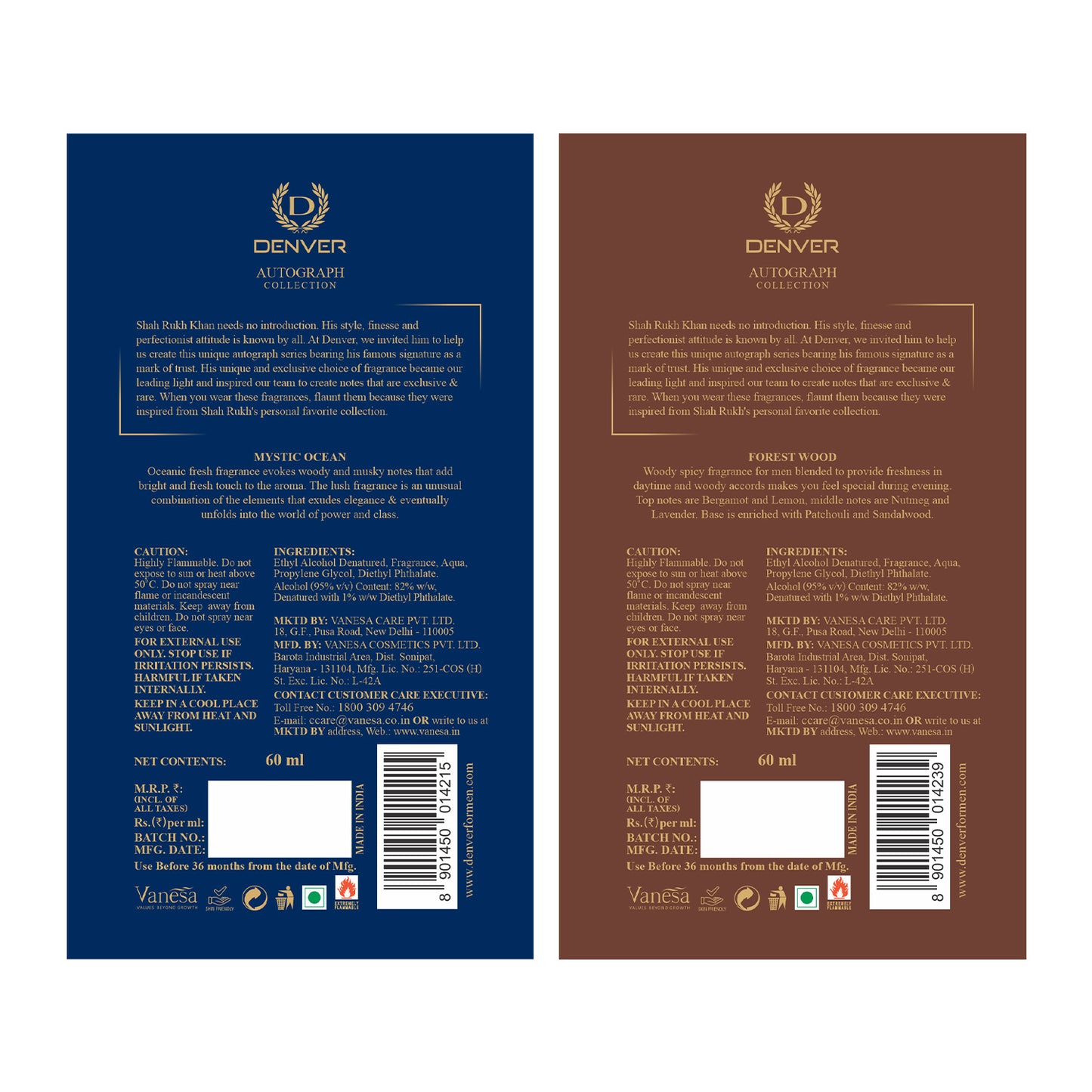 DENVER Pack of 2 SRK Autograph Perfume (Forest Wood + Mystic Ocean) - 60ml Each