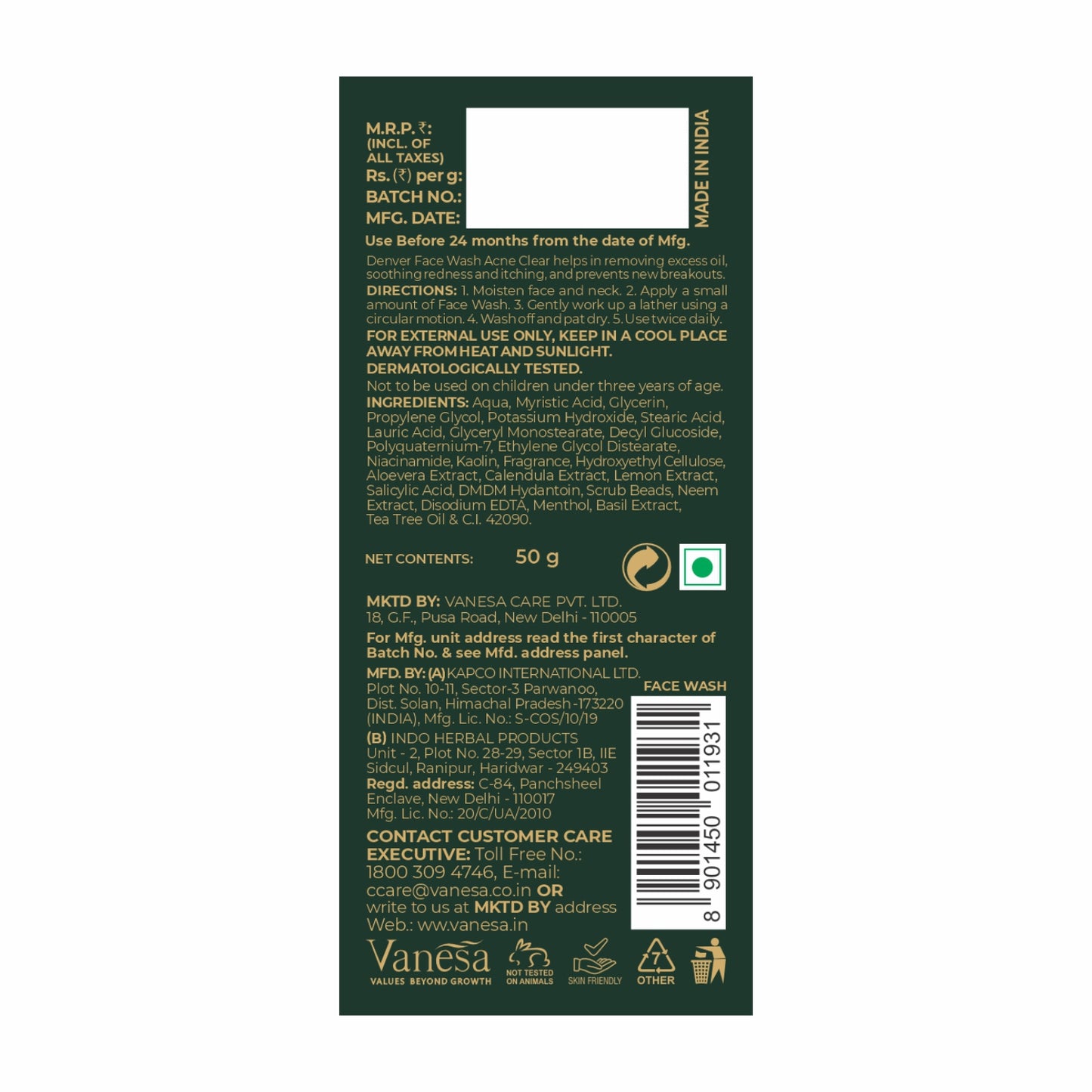 Denver Acne clear Face wash Back Side