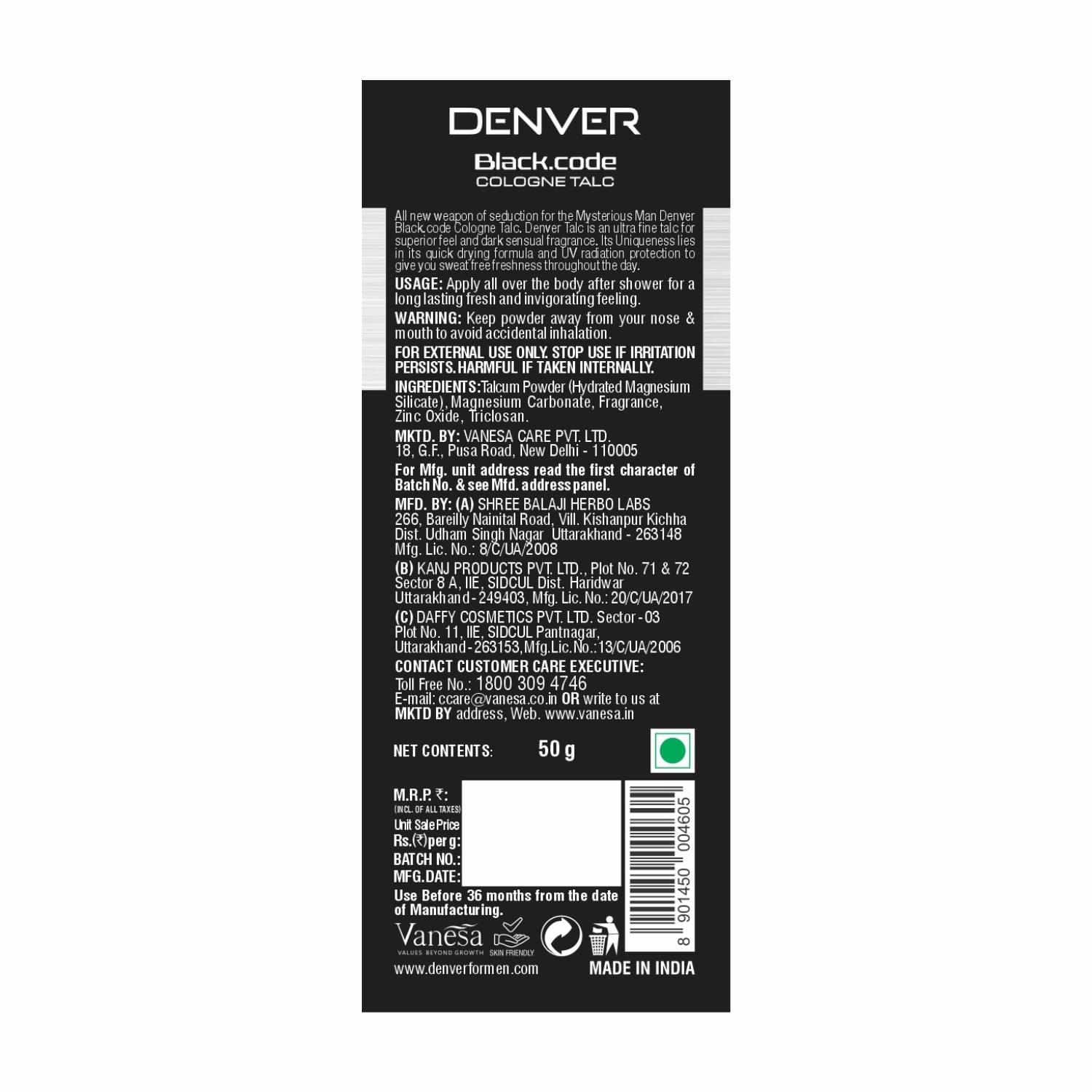 Denver Black Code Cologne Talc Back Side