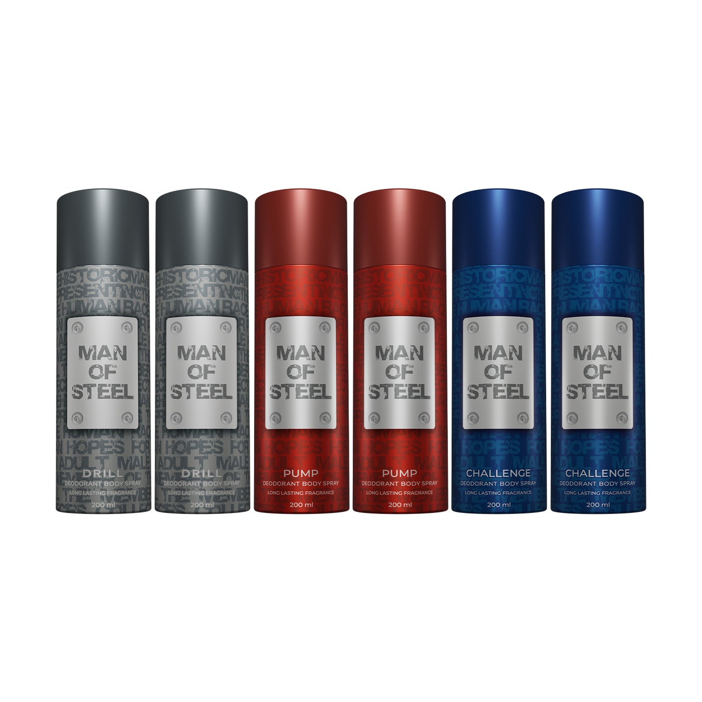 Pack of 6 Man of Steel Deos (2 Drill + 2 Pump + 2 Challenge) - 200ml Each