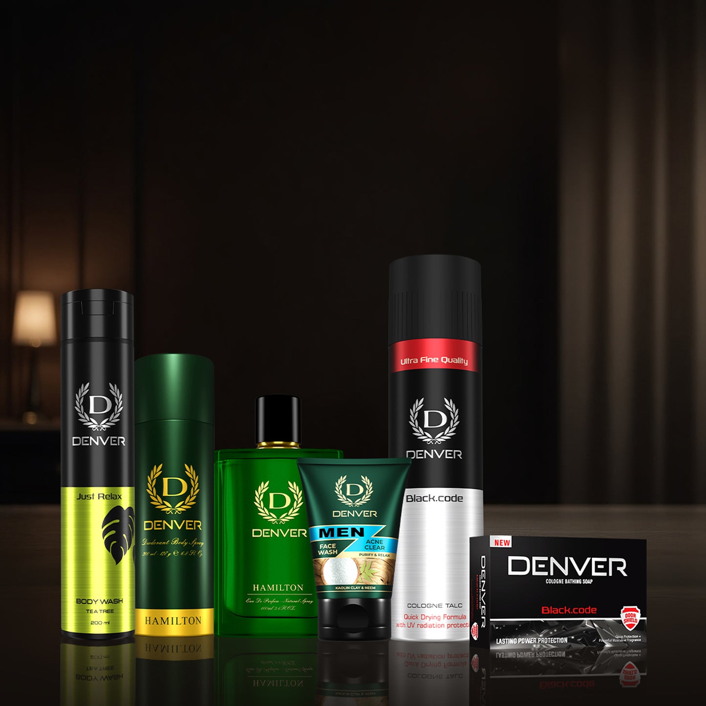 Denver Pack of 6 (Just Relax Body Wash 200ml + Hamilton Deo 180/200ml + Hamilton Perfume 100ml + Acne Clear Face Wash 100gm + Black Code Talc 300gm + Black Code Soap 125gm)