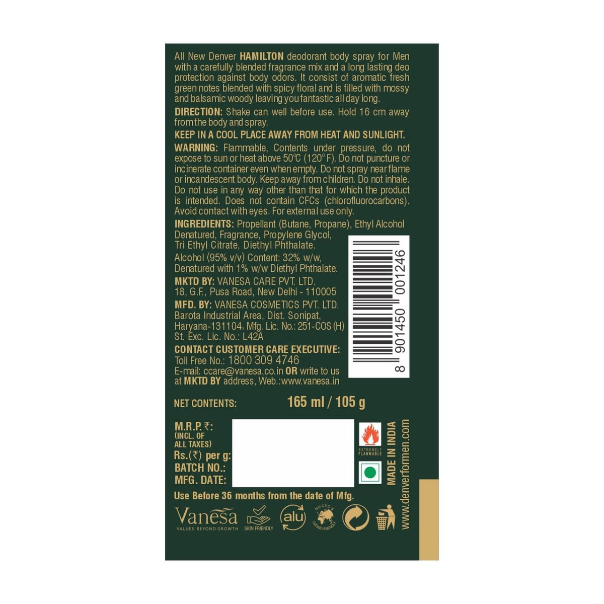 Hamilton Deo 165ml Back Side