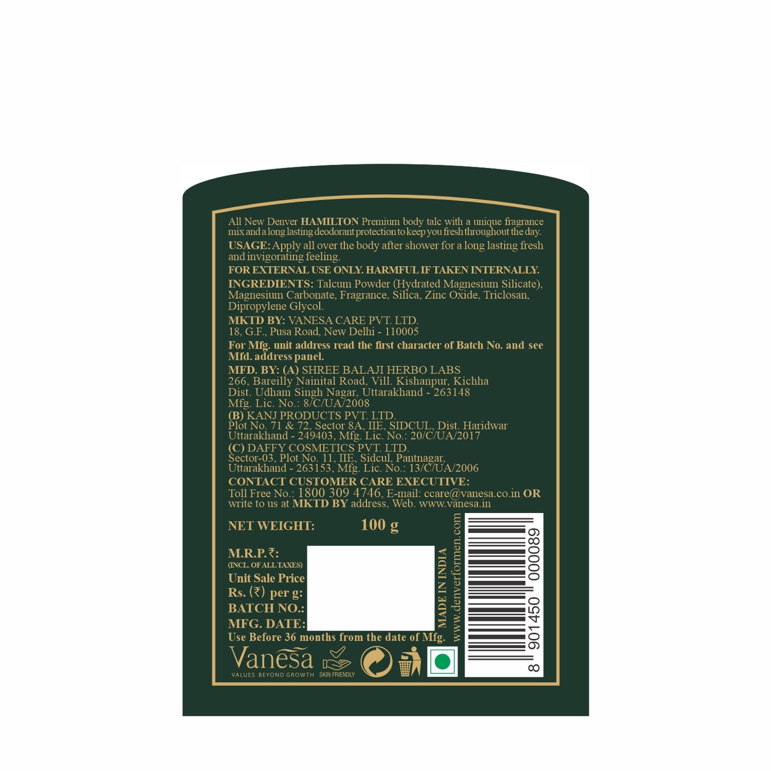 Hamilton Body talc Back Image