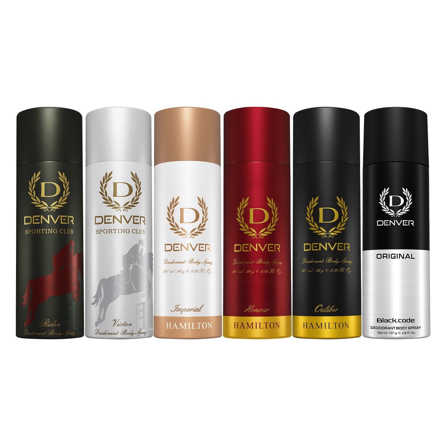 Denver Pack of 6 Deos (Honour + Imperial + Black Code Original 200ml + Caliber + Victor + Rider) - 180ml Each