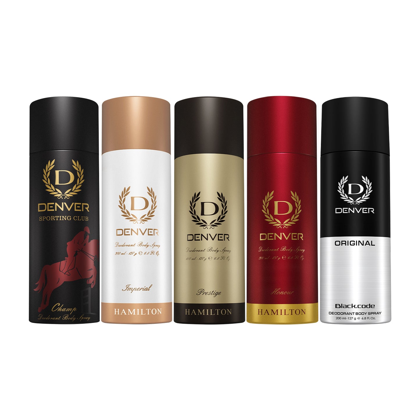 Denver Pack of 5 Deos (Champ + Imperial + Prestige + Honour + Black Code Original) - 180/200ml