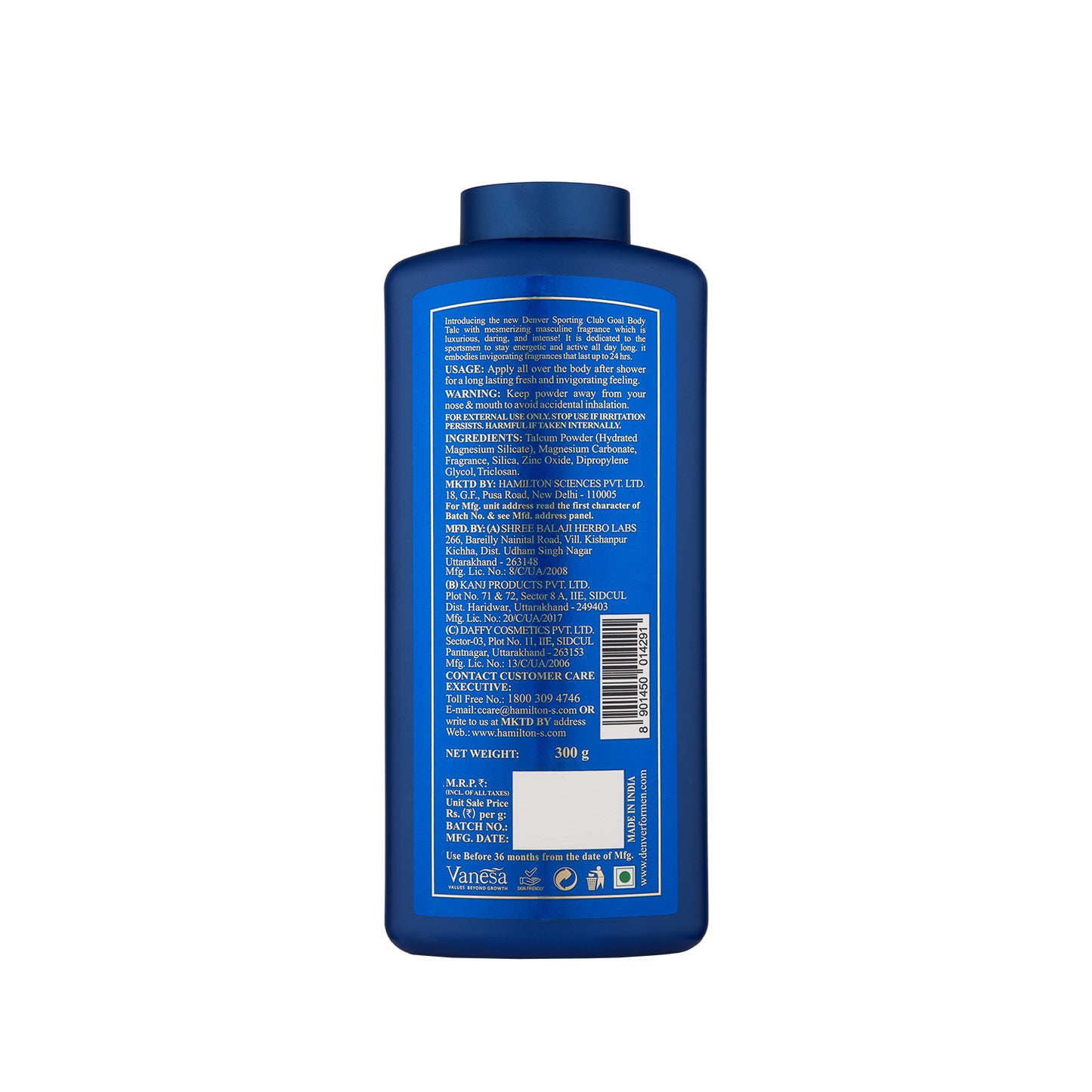 Denver Goal Body Talc 300g Back Side