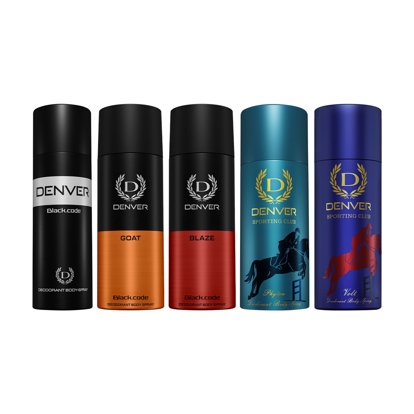 Denver Pack of 5 Deos Volt + Phyton 165ml + Black Code 200ml + Goat + Blaze - 150ml Each - Sale
