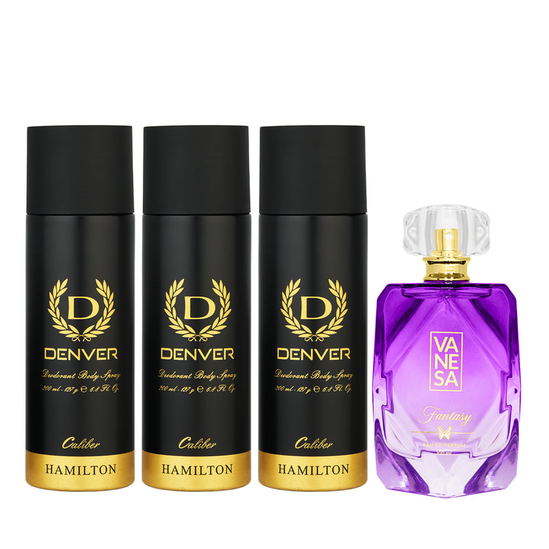 3 Caliber Deo 200ml and Fantasy Perfume 100ml Set