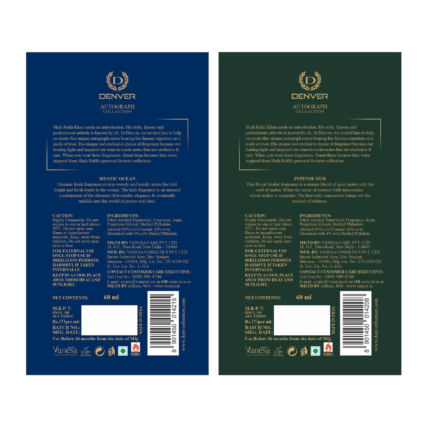 DENVER Pack of 2 SRK Autograph Perfume (Intense Oud + Mystic Ocean) - 60ml Each