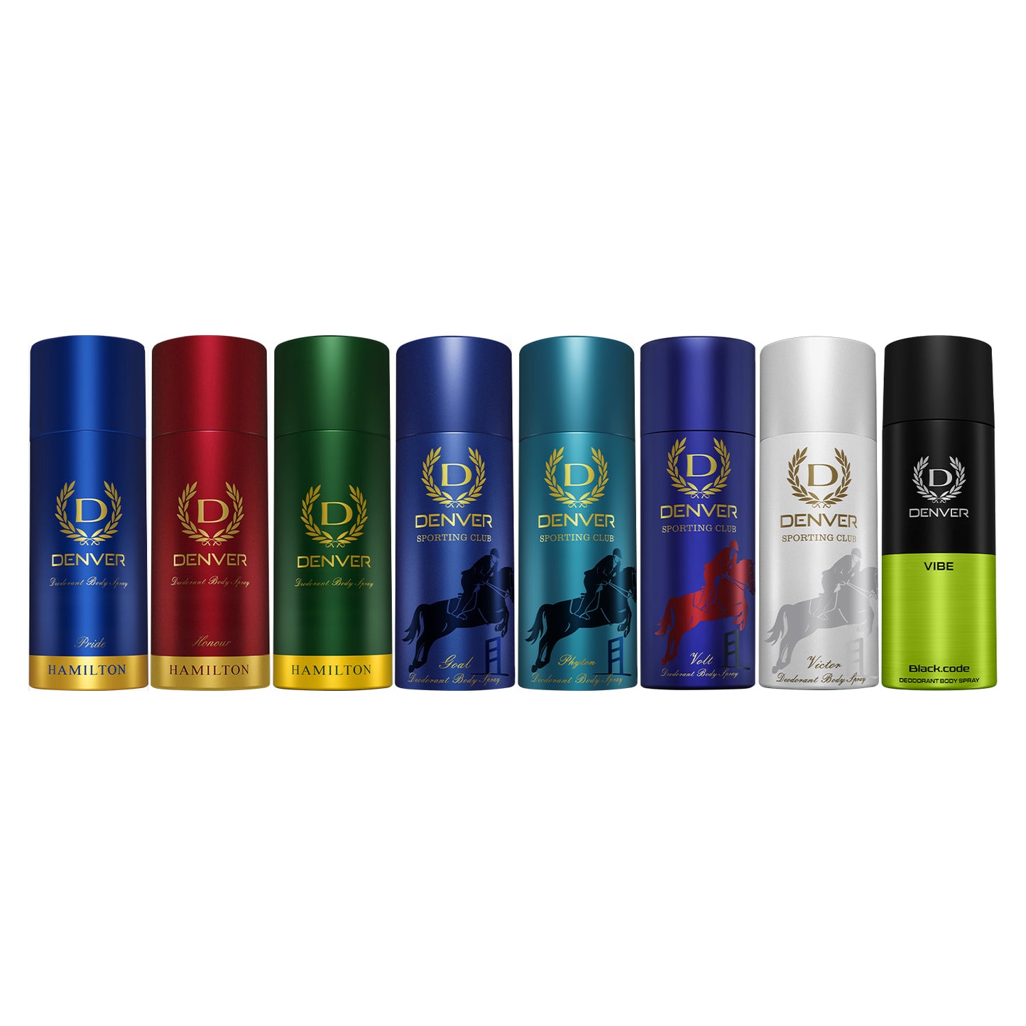 Denver Pack of 8 Deos (Volt + Pride + Vibe 150 + Honour + Goal + Hamilton + Phyton +  Victor) - 150/165ml Each
