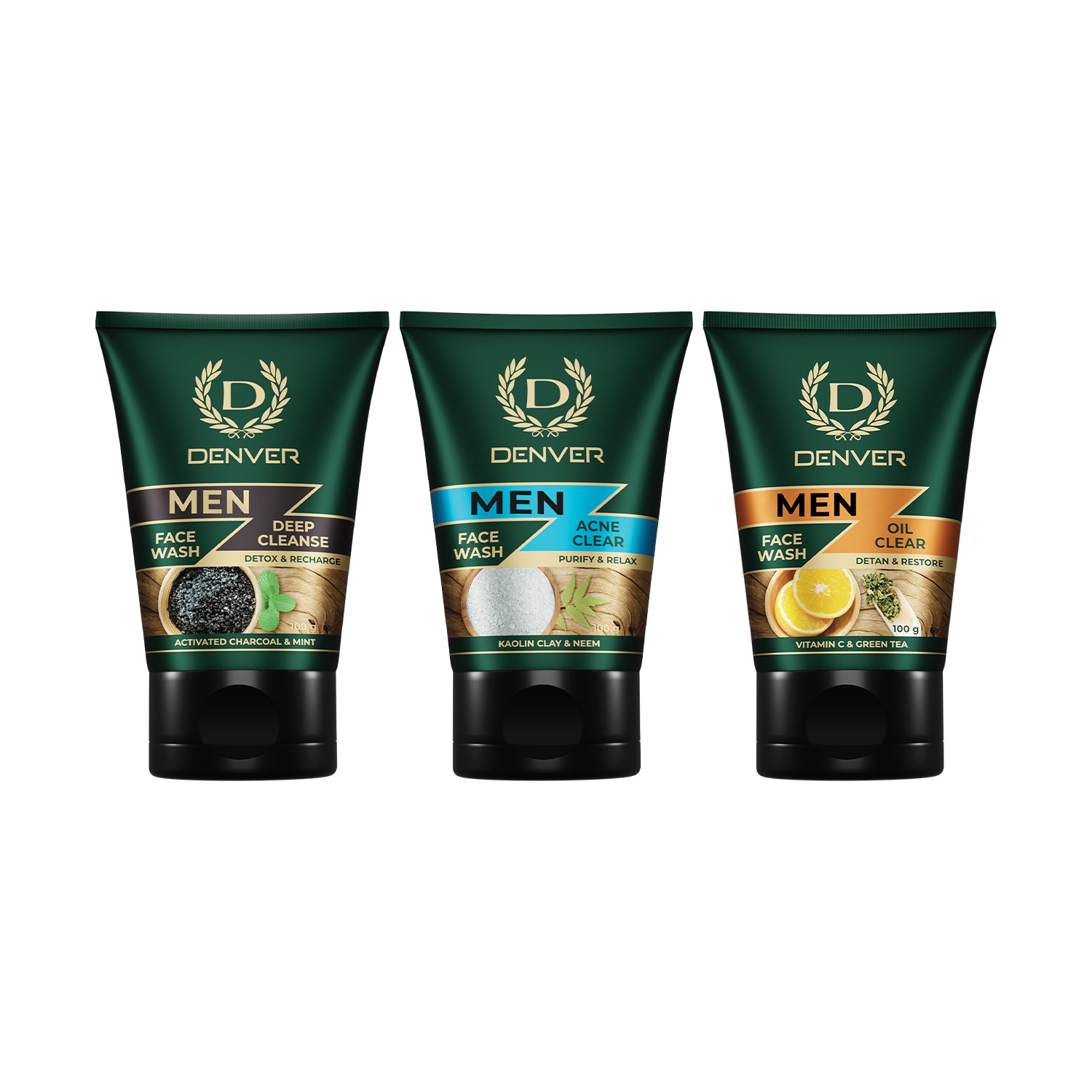 Pack of 3 Face Wash (Deep Cleanse + Oil Clear + Acne Clear) - 100gm Each | DENVER