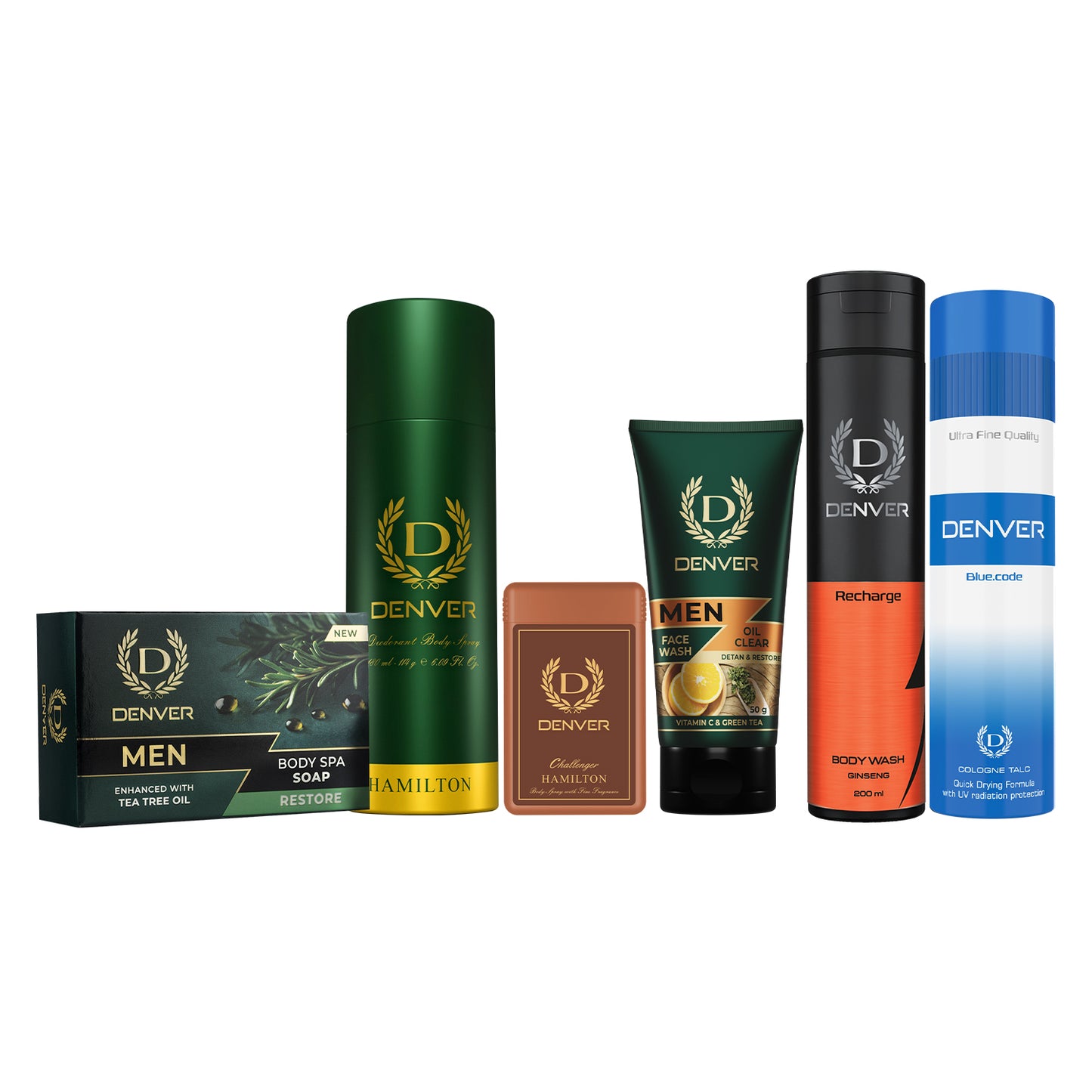 Denver Pack of 6 Grooming Products (Challenger Pocket Perfume 18ml+Hamilton Deo 180ml+Oil Clear Face Wash 50gm+ Restore Soap 125gm+Blue Code Talc 100gm+Recharge Body wash 200ml) - Sale