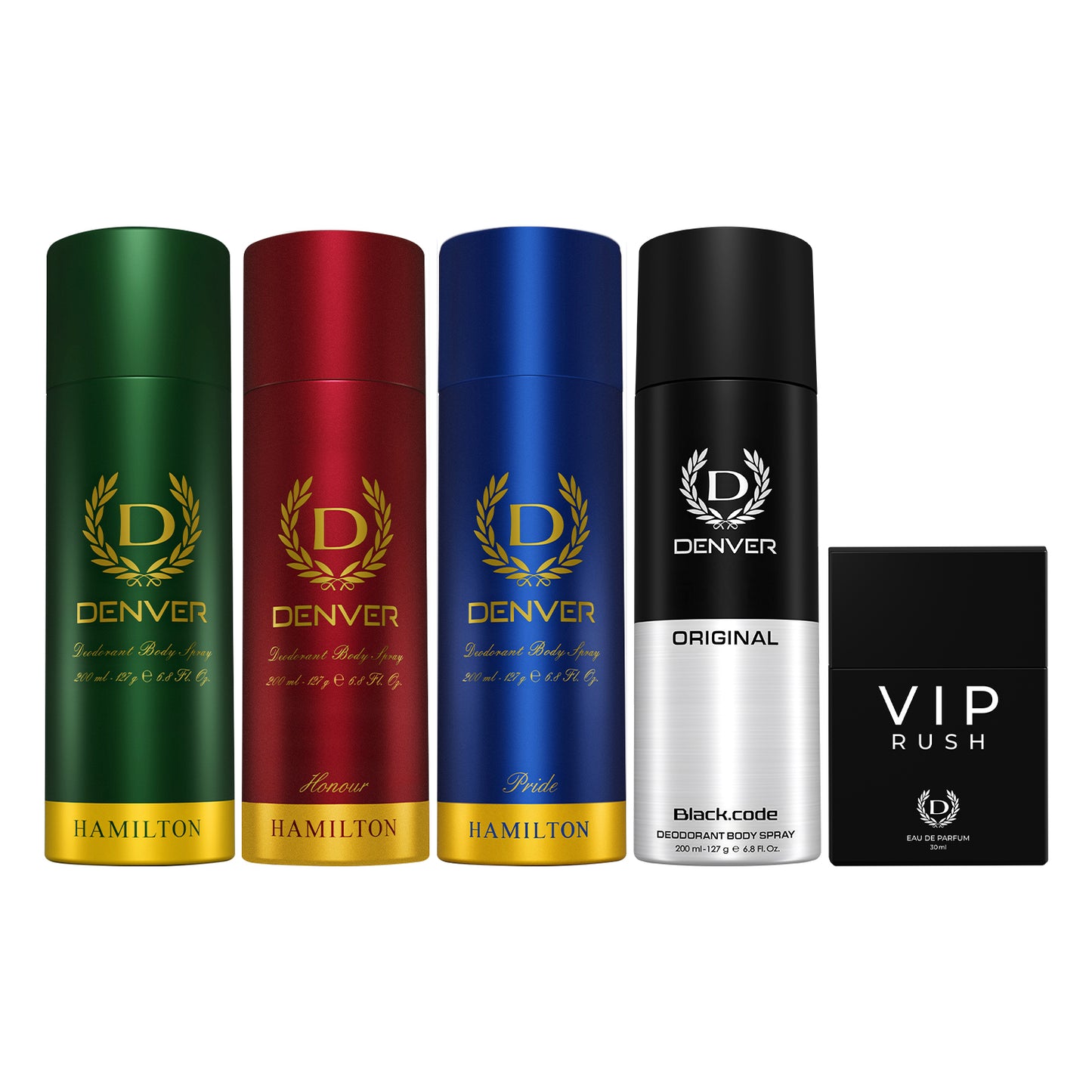 Denver Pack of 5 Combo (Hamilton + Honour + Pride + Black Code Original) 200ml Deos & VIP Rush 30ml Perfume
