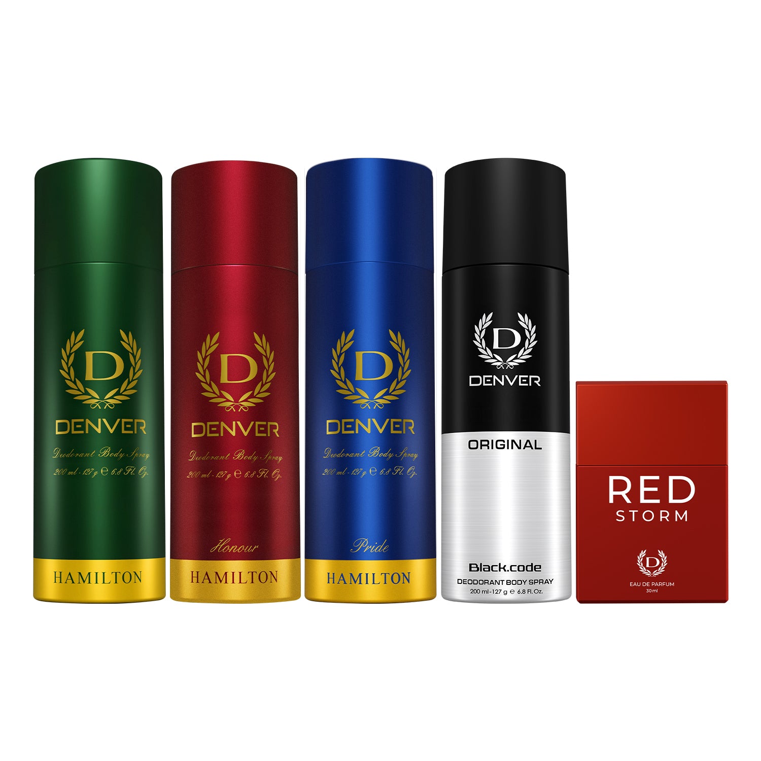 Pack of 5 Combo (Hamilton + Honour + Pride + Black Code Original) 180/200ml Deos & Red Storm 30ml Perfume Fragrance Combo