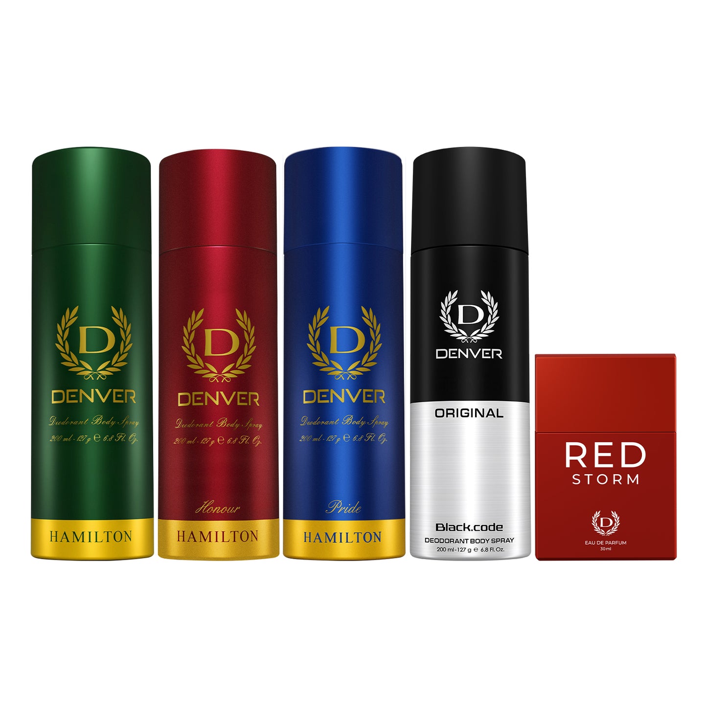 Denver Pack of 5 Combo (Hamilton + Honour + Pride + Black Code Original) 200ml Deos & Red Storm 30ml Perfume
