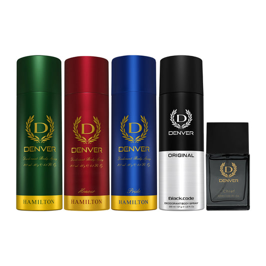 Denver Pack of 5 Combo (Hamilton + Honour + Pride + Black Code Original) 200ml Deos & Chief 30ml Perfume