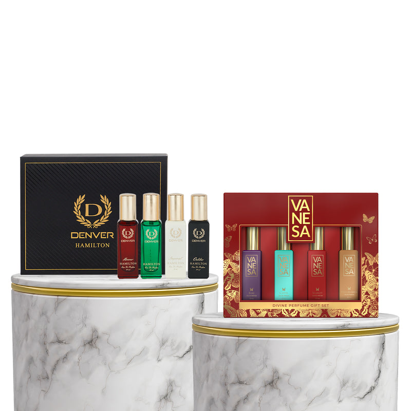 Denver Hamilton Luxury Gift Pack- For Men (80 ml, Pack of 4) + Vanesa Divine Perfume Gift Set, Babe, Caper, Scarlet, Oud Arabica Luxury Travel Sized Pack (80ml, Pack of 4)