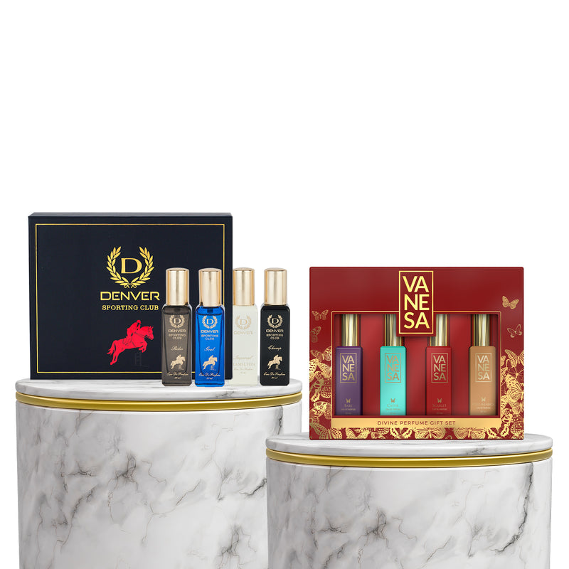 Denver Sporting Club Luxury Gift Pack- For Men (80 ml, Pack of 4) + Vanesa Divine Perfume Gift Set, Babe, Caper, Scarlet, Oud Arabica Luxury Travel Sized Pack (80ml, Pack of 4)