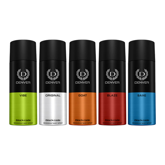 Denver Pack of 5 Deos (Vibe + Black Code Original + Goat + Blaze + Saxe) - 150ml Each - Sale