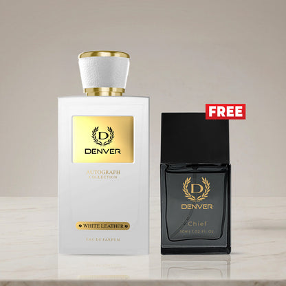 SRK Autograph White Leather Perfume 100ml | Free Chief 30ml | DENVER