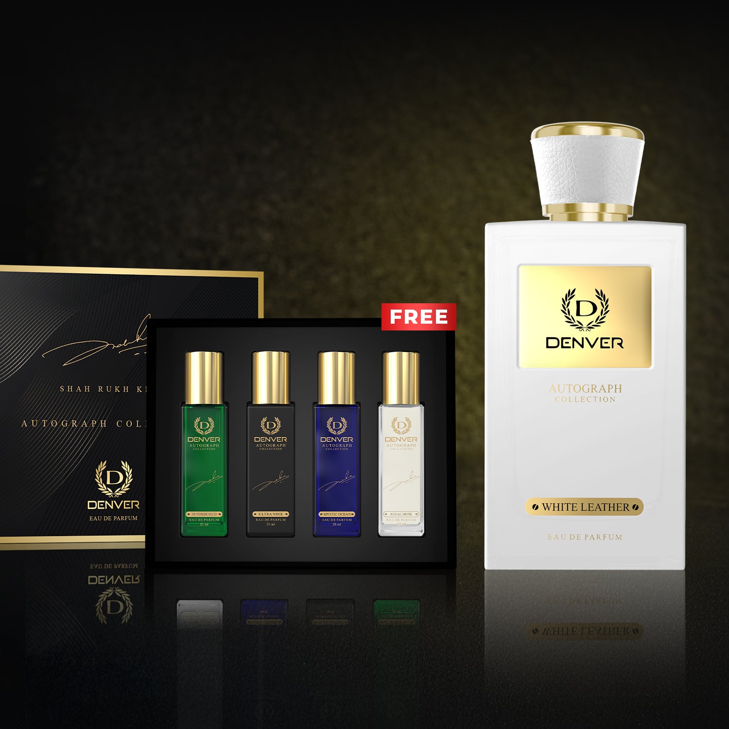 SRK Autograph Perfume White Leather Autograph 100ml + Autograph Premium Gift Set of 4x20ml | DENVER
