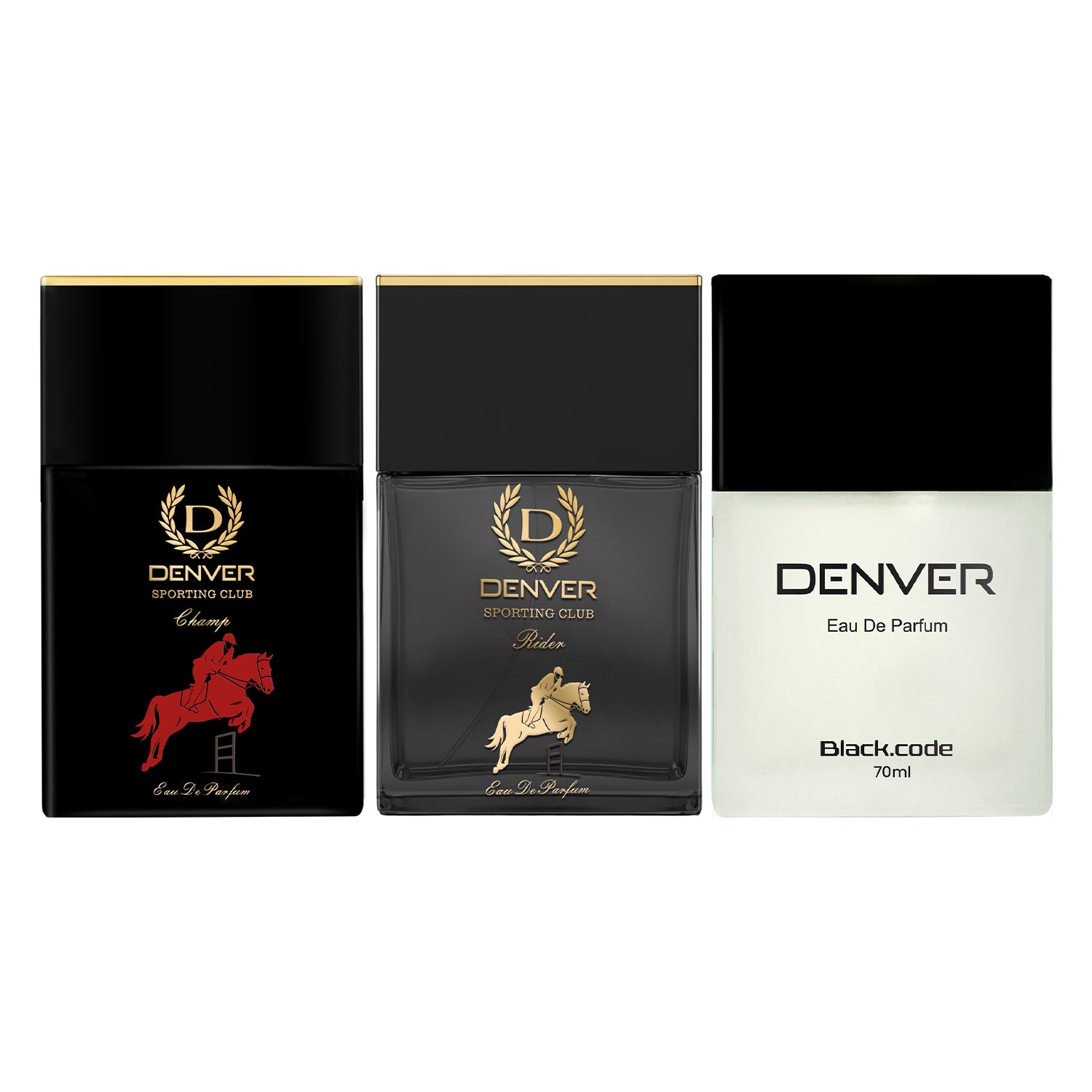 Pack of 3 Perfumes (Black Code + Champ + Rider) - 70ml Each | DENVER