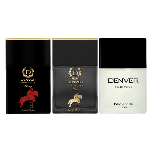 Pack of 3 Perfumes (Black Code + Champ + Rider) - 70ml Each | DENVER