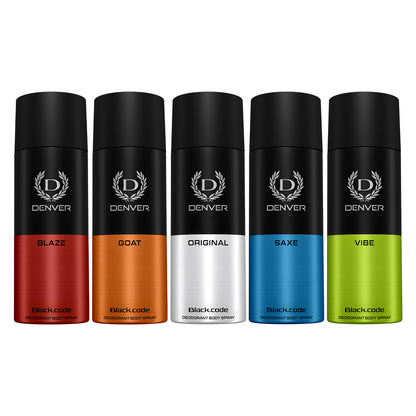 Denver Pack of 5 Deos (Black Code Original + Vibe + Blaze + Goat + Saxe) - 150ml Each