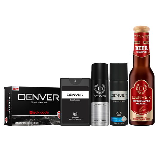 Denver Pack of 5 Grooming Products (Black code Soap 75gm + Black code pocket perfume 18ml + Black code Nano Deo + Black code shaving foam + Beer shampoo original)