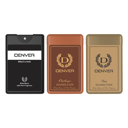 DENVER Pack of 3 Pocket Perfumes (Black Code + King + Challenger) - 18ml Each