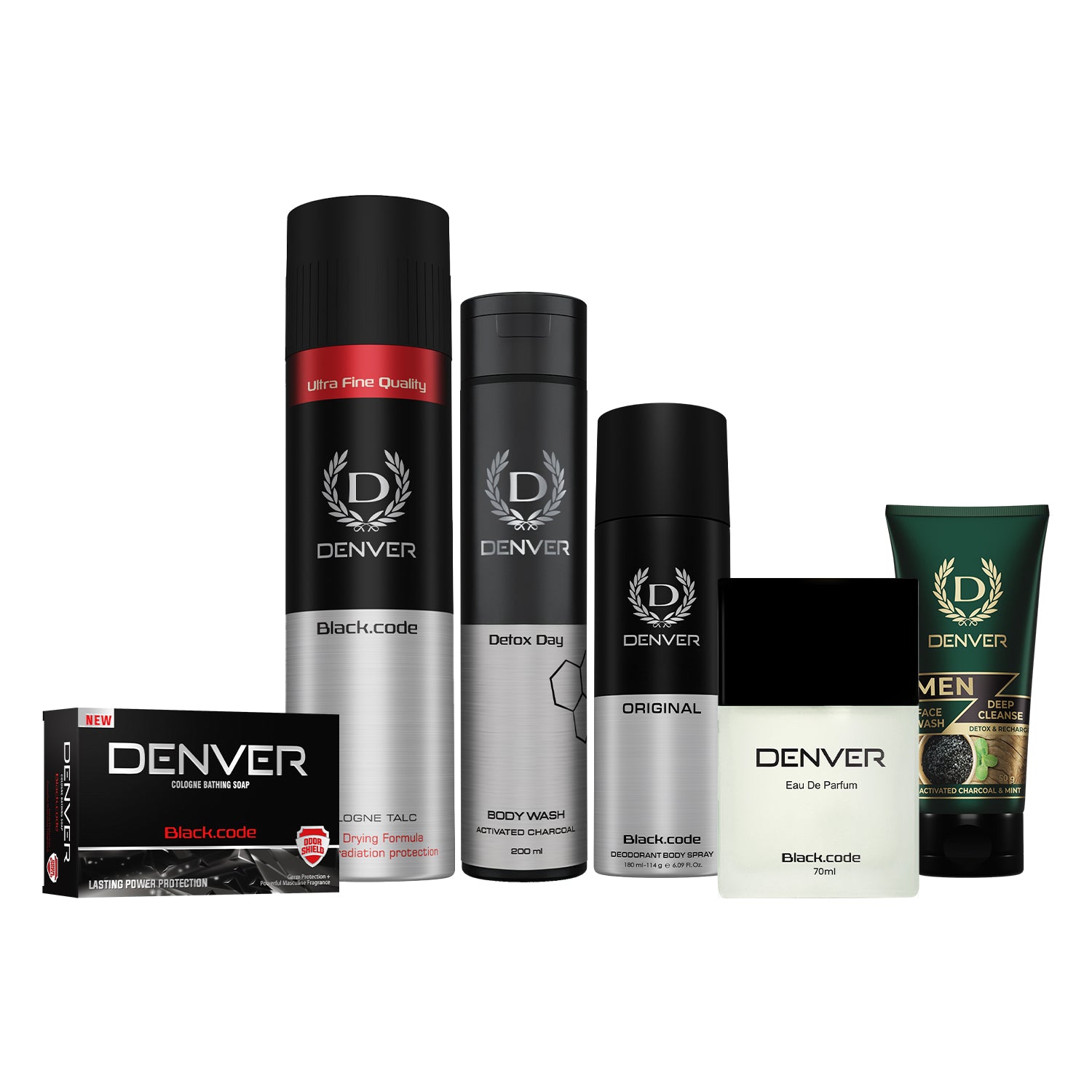 Pack of 6 Black Code Grooming Products (Black code Original Deo 200ml + Black Code Perfume 70ml + Cologne Soap 125g + Black Code Talc 300g + Detox Day Bodywash 200ml + Deep Cleanse 50 gm)