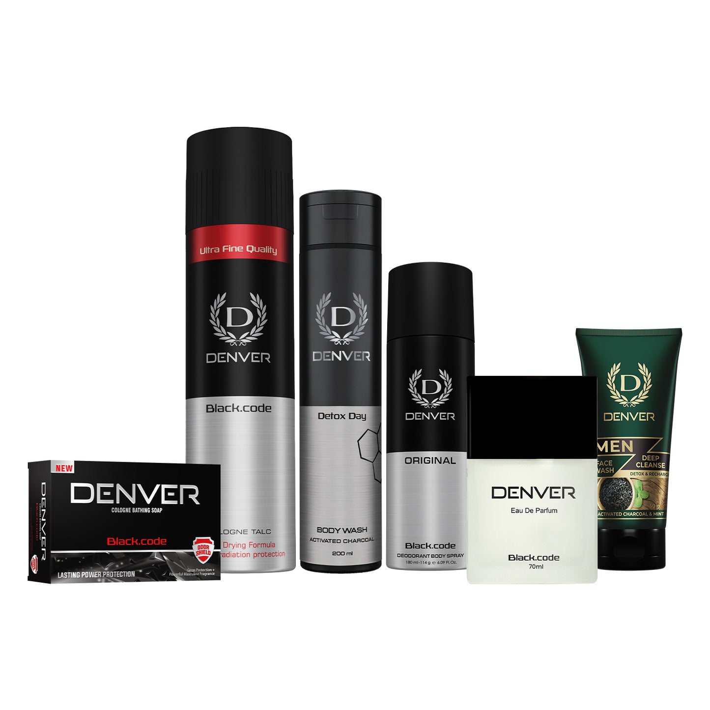 Denver Pack of 6 Black Code Grooming Products (Black code Original Deo 200ml + Black Code Perfume 70ml + Cologne Soap 125g + Black Code Talc 300g + Detox Day Bodywash 200ml + Deep Cleanse 50 gm)