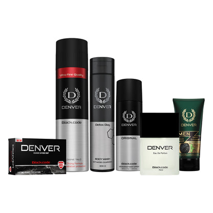Denver Pack of 6 Black Code Grooming Products (Black code Original Deo 200ml + Black Code Perfume 70ml + Cologne Soap 125g + Black Code Talc 300g + Detox Day Bodywash 200ml + Deep Cleanse 50 gm)