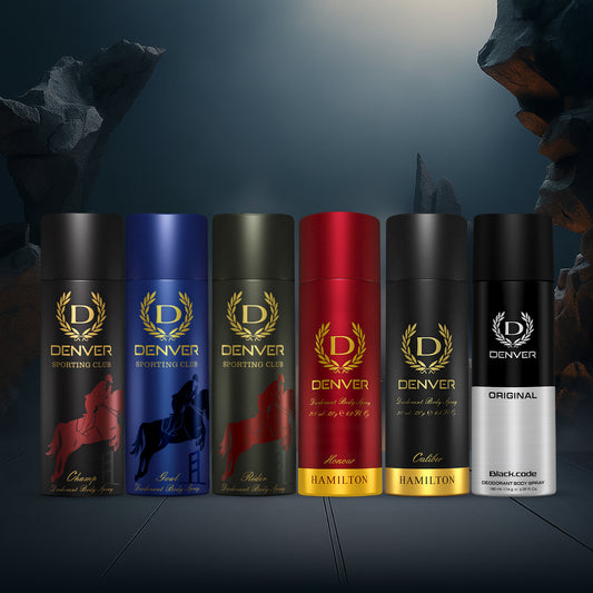 Denver Pack of 6 Deos (Champ + Goal + Rider + Honour + Caliber + Black Code Original) - 180/200ml Each