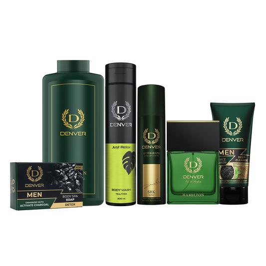 Denver Pack of  6 Grooming Products (Body Spa Soap Detox 125gm + Hamilton Talc 300gm + Body Wash Just Relax 200ML + SRK King Deo 140ml + Hamilton Perfume 70ml + Deep Cleanse Face Wash 50GM)