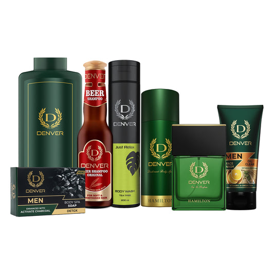 Denver Pack of 7 Grooming Products (Hamilton Deo 150ml + Hamilton Perfume 70ml + Body Spa Soap Detox 125GM + Hamilton Talc 300g + Just Relax Bodywash 200ml + Oil Clear 50gm + Beer Shampoo Original 200ml)