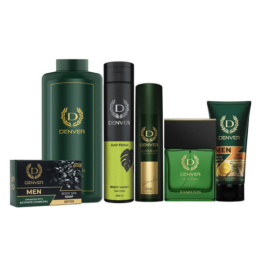 Denver Pack of  6 Grooming Products (Body Spa Soap Detox 125gm + Hamilton Talc 300gm + Body Wash Just Relax 200ML + SRK King Deo 140ml + Hamilton Perfume 70ml + Oil Clear Face Wash 50GM)