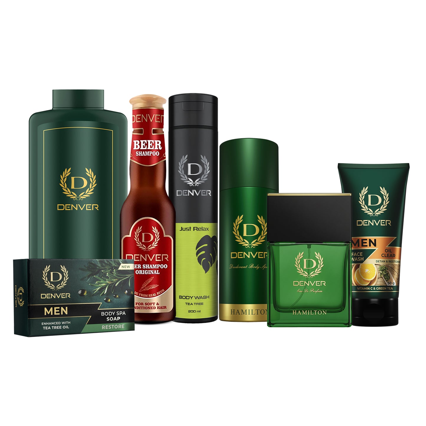 Pack of 7 Grooming Products (Hamilton Deo 150ml + Hamilton Perfume 70ml + Body Spa Soap Restore 125GM + Hamilton Talc 300g + Just Relax Bodywash 200ml + Oil Clear 50gm + Beer Shampoo Original 200ml)