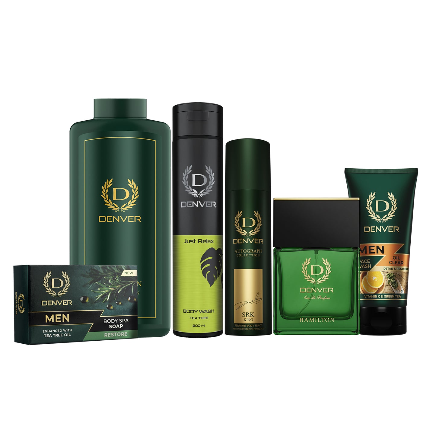 Pack of 6 Grooming Products (Body Spa Soap Restore 125gm + Hamilton Talc 300gm + Body Wash Just Relax 200ML + SRK King Deo 140ml + Hamilton Perfume 70ml + Oil Clear Face Wash 50GM)