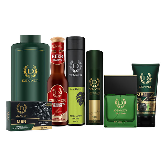 Denver Pack of 7 Grooming Products (SRK Autograph King Deo 140ml + Hamilton Perfume 70ml + Body Spa Soap Detox 125GM + Hamilton Talc 300g + Just Relax Bodywash 200ml + Deep Cleanse 50gm + Beer Shampoo Original 200ml)