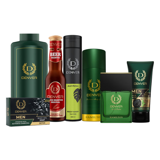 Denver Pack of 7 Grooming Products (Hamilton Deo 150ml + Hamilton Perfume 70ml + Body Spa Soap Detox 125GM + Hamilton Talc 300g + Just Relax Bodywash 200ml + Deep Cleanse 50gm + Beer Shampoo Original 200ml)