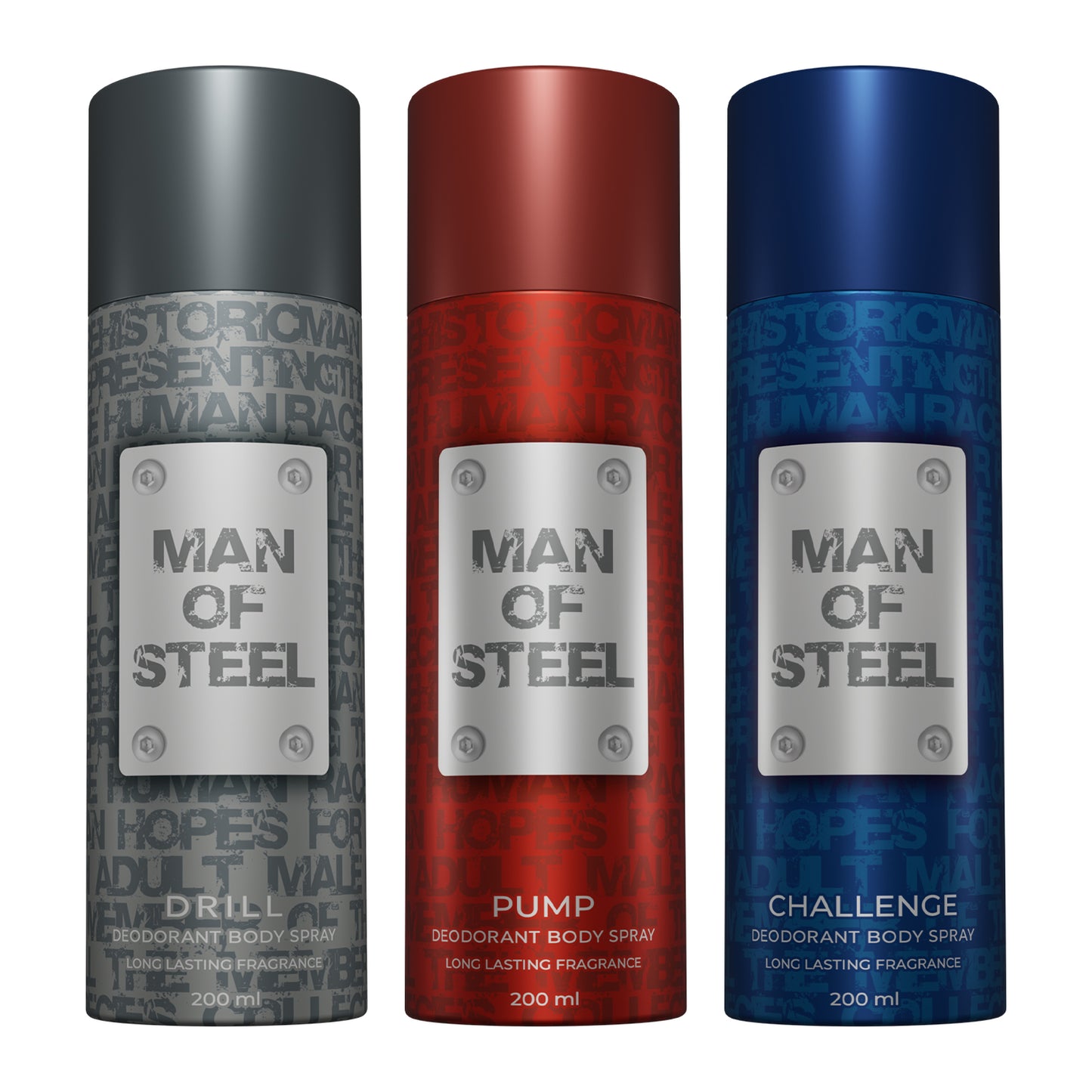 Pack of 3 Man of Steel Deos (Drill + Pump + Challenge) 200ml -SALE