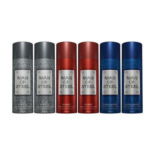 Pack of 6 Man of Steel Deos (2 Drill + 2 Pump + 2 Challenge) - 200ml Each