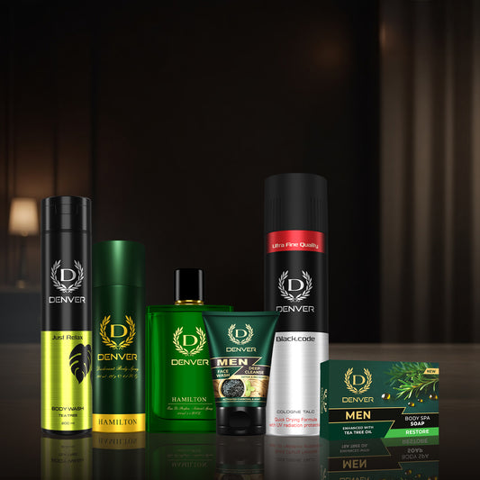 Denver Pack of 6 (Just Relax Body Wash 200ml + Hamilton Deo 180/200ml + Hamilton Perfume 100ml + Deep Cleanse Face Wash 100gm + Black Code Talc 300gm + Restore Soap 125gm) - Sale