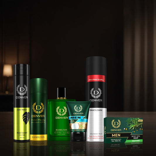 Denver Pack of 6 (Just Relax Body Wash 200ml + Hamilton Deo 180/200ml + Hamilton Perfume 100ml + Acne Clear Face Wash 100gm + Black Code Talc 300gm + Restore Soap 125gm) - Sale