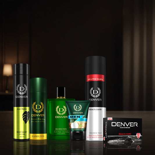 Denver Pack of 6 (Just Relax Body Wash 200ml + Hamilton Deo 180/200ml + Hamilton Perfume 100ml + Acne Clear Face Wash 100gm + Black Code Talc 300gm + Black Code Soap 125gm)
