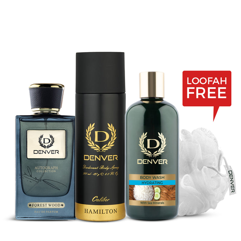 Denver Gift Pack Autograph Collection Forest Wood |  Bodywash Hydrating with Loofah | Hamilton Caliber 200ml